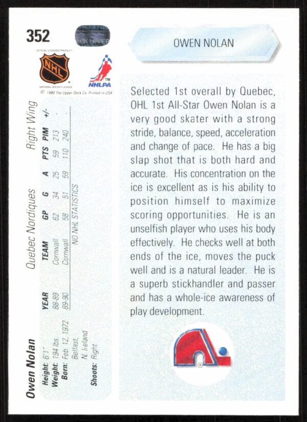 1990-91 Upper Deck Owen Nolan #352 (Back)