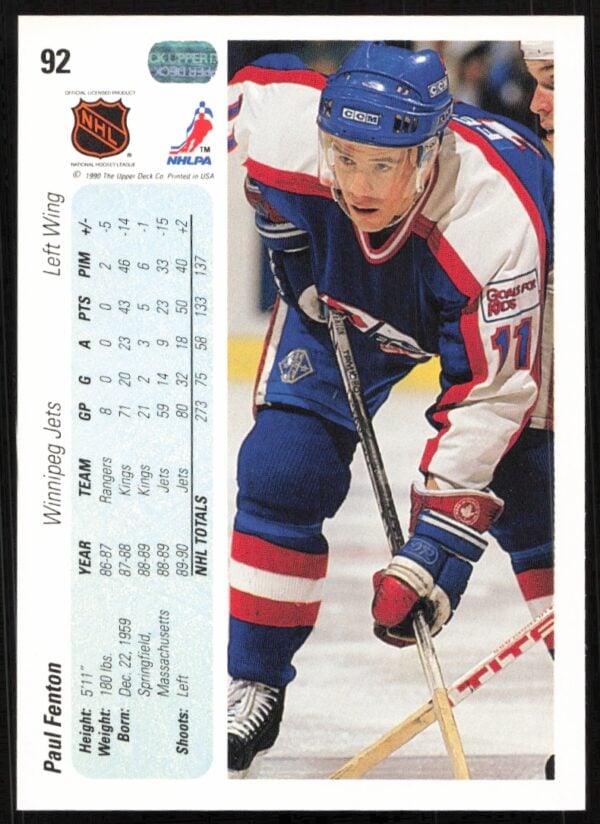 1990-91 Upper Deck Paul Fenton #92 (Back)