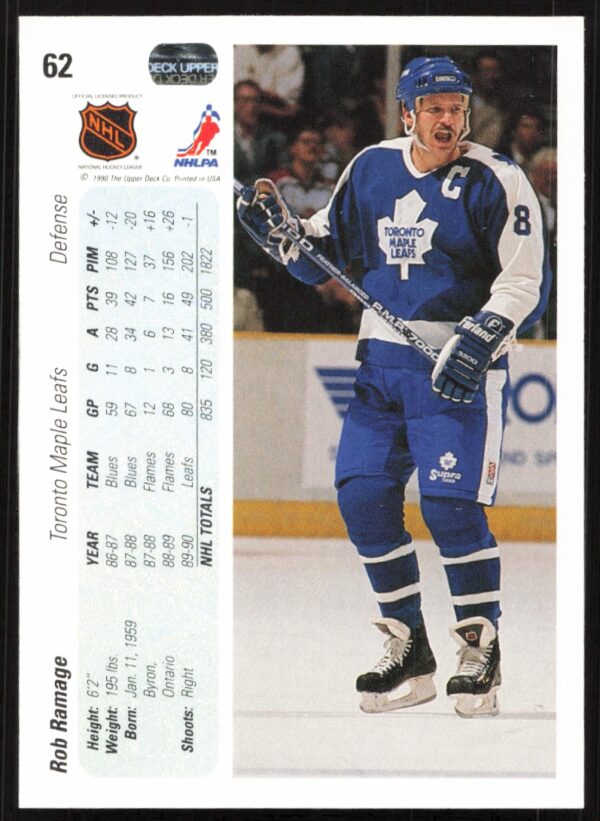 1990-91 Upper Deck Rob Ramage #62 (Back)