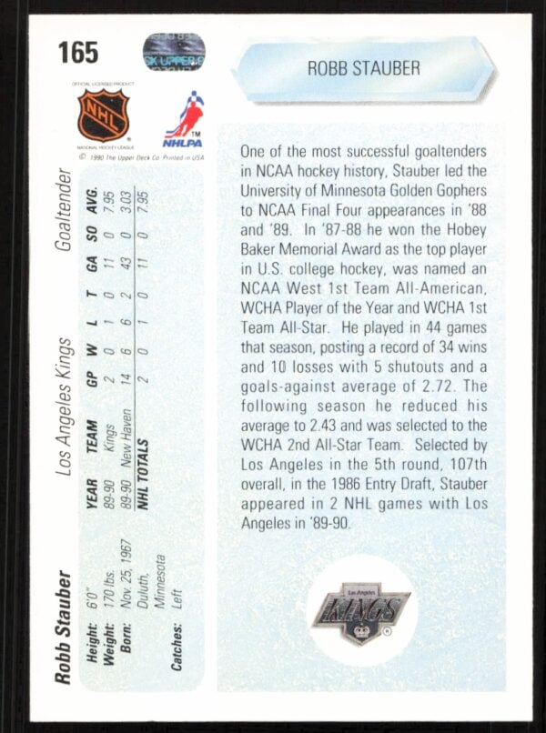 1990-91 Upper Deck Robb Stauber #165 (Back)