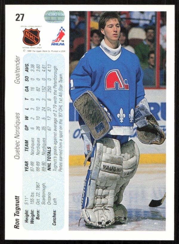 1990-91 Upper Deck Ron Tugnutt #27 (Back)