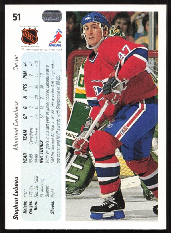 1990-91 Upper Deck Stephan Lebeau #51 (Back)