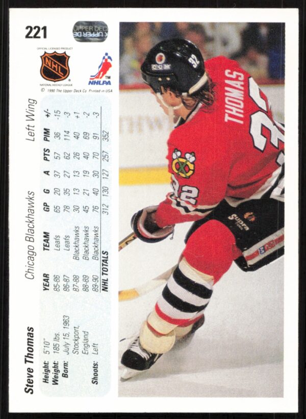 1990-91 Upper Deck Steve Thomas #221 (Back)