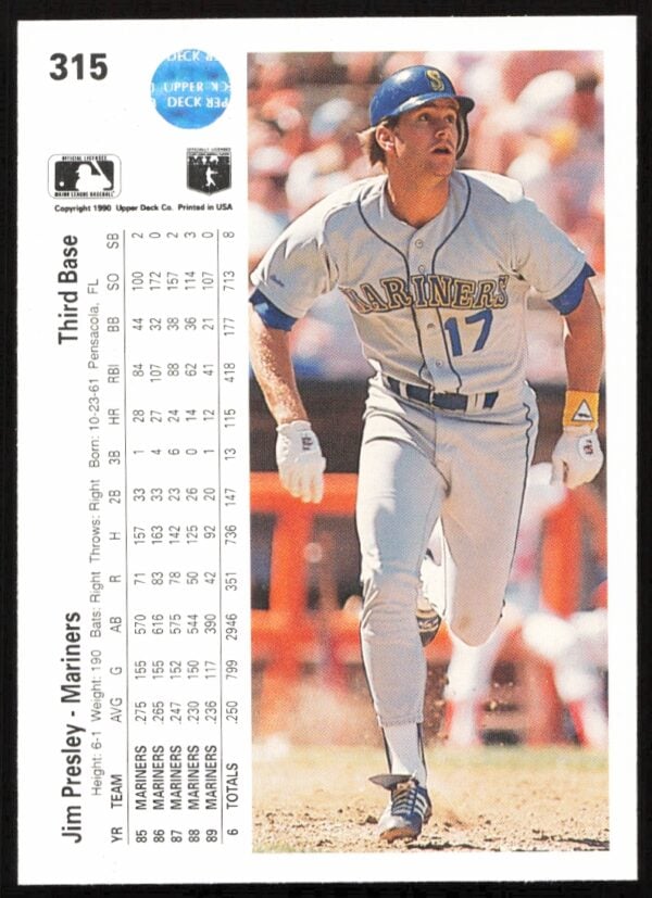 1990 Upper Deck Jim Presley #315 (Back)