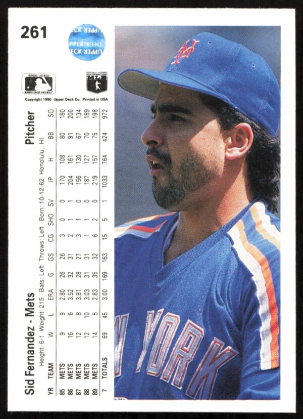 1990 Upper Deck Sid Fernandez #261 (Back)