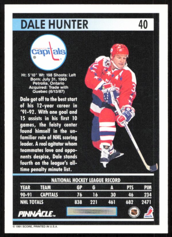 1991-92 Pinnacle Dale Hunter #40 (Back)