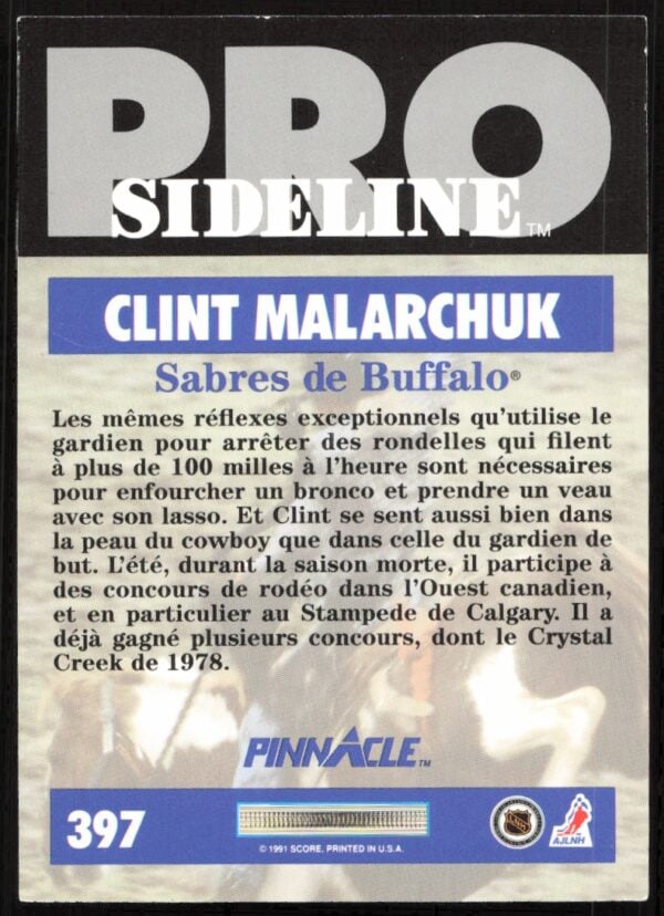 1991-92 Pinnacle French Clint Malarchuk Sideline Pro #397 (Back)