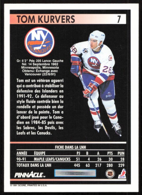 1991-92 Pinnacle French Tom Kurvers #7 (Back)