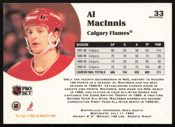 1991-92 Pro Set NHL Al MacInnis #33 (Back)