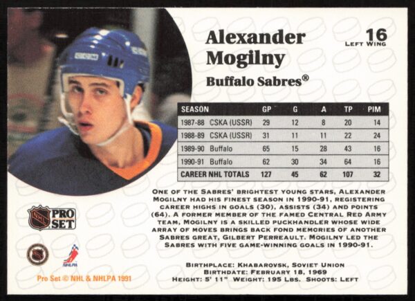 1991-92 Pro Set NHL Alexander Mogilny #16 (Back)