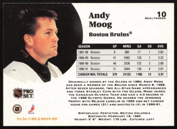 1991-92 Pro Set NHL Andy Moog #10 (Back)