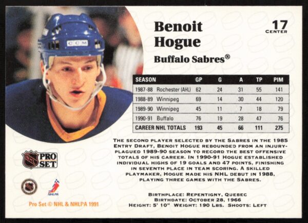 1991-92 Pro Set NHL Benoit Hogue #17 (Back)