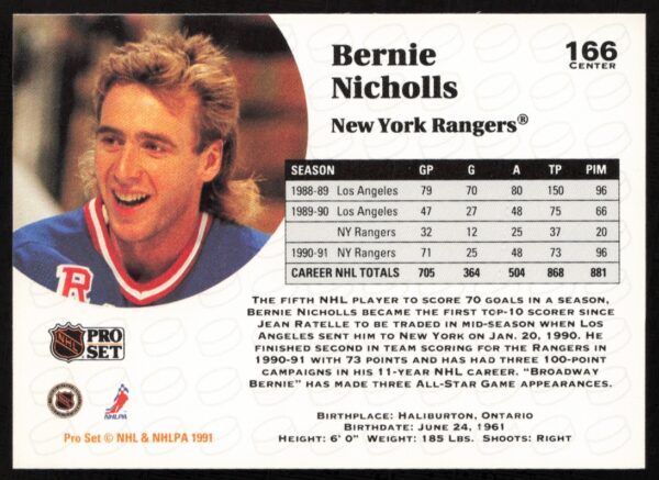 1991-92 Pro Set NHL Bernie Nicholls #166 (Back)