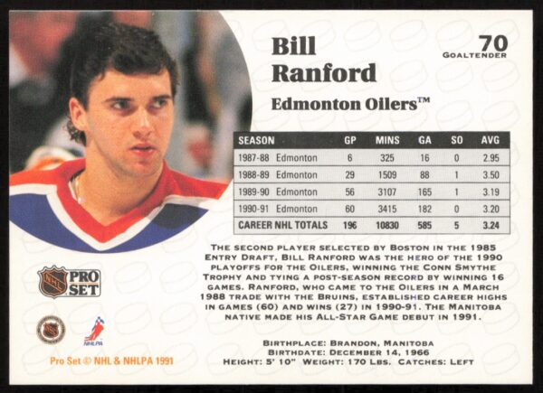 1991-92 Pro Set NHL Bill Ranford #70 (Back)