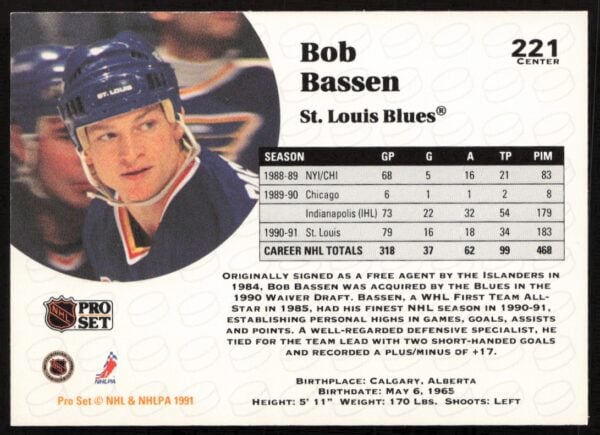 1991-92 Pro Set NHL Bob Bassen #221 (Back)