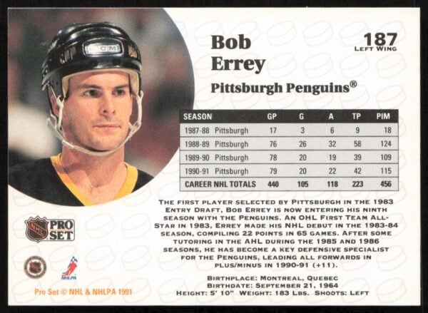 1991-92 Pro Set NHL Bob Errey #187 (Back)