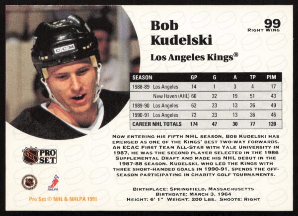 1991-92 Pro Set NHL Bob Kudelski #99 (Back)