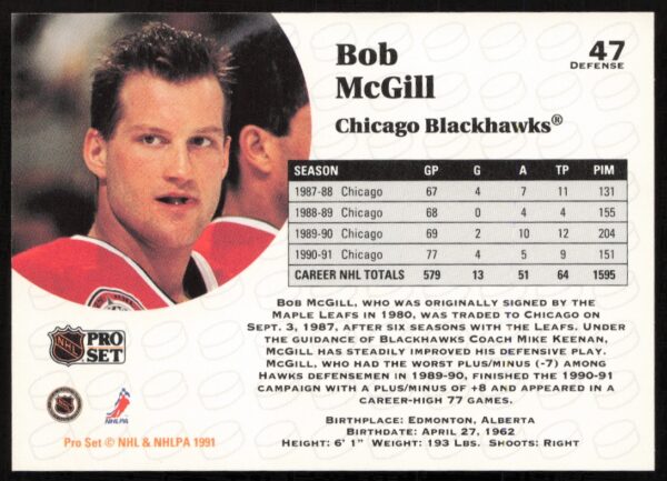 1991-92 Pro Set NHL Bob McGill #47 (Back)