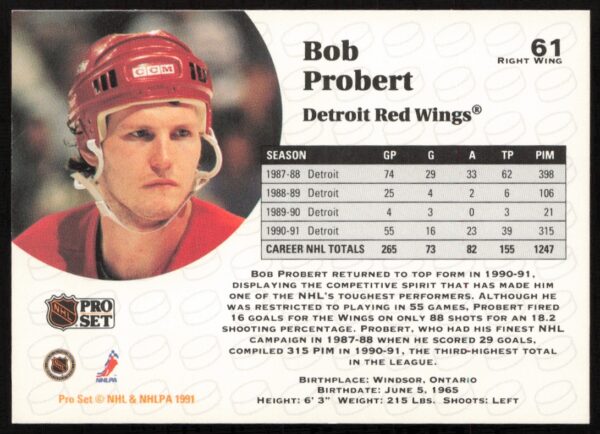 1991-92 Pro Set NHL Bob Probert #61 (Back)