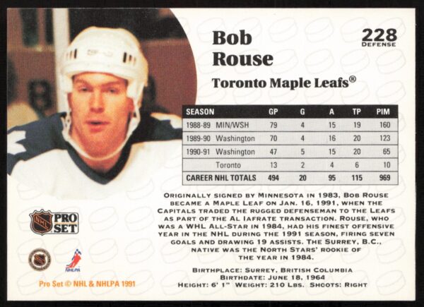 1991-92 Pro Set NHL Bob Rouse #228 (Back)