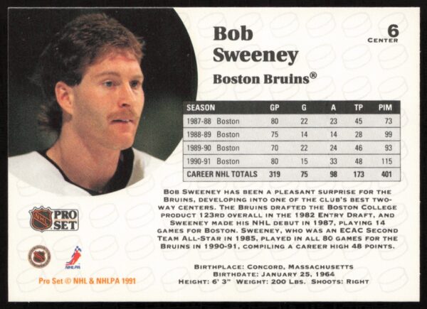 1991-92 Pro Set NHL Bob Sweeney #6 (Back)