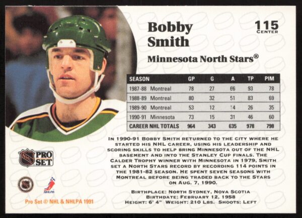 1991-92 Pro Set NHL Bobby Smith #115 (Back)