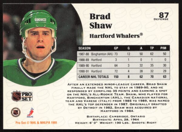 1991-92 Pro Set NHL Brad Shaw #87 (Back)