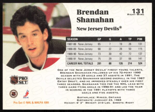 1991-92 Pro Set NHL Brendan Shanahan #131 (Back)