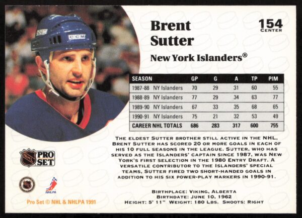 1991-92 Pro Set NHL Brent Sutter #154 (Back)