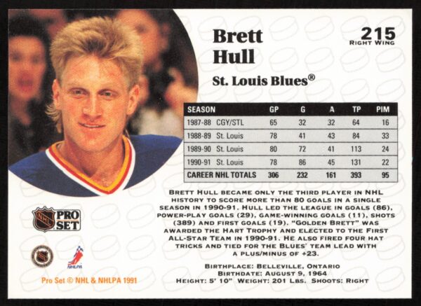 1991-92 Pro Set NHL Brett Hull #215 (Back)