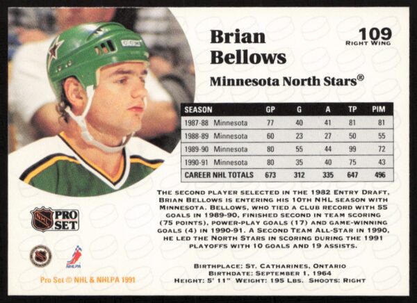 1991-92 Pro Set NHL Brian Bellows #109 (Back)