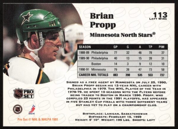 1991-92 Pro Set NHL Brian Propp #113 (Back)