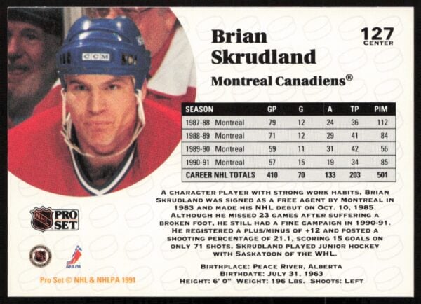 1991-92 Pro Set NHL Brian Skrudland #127 (Back)