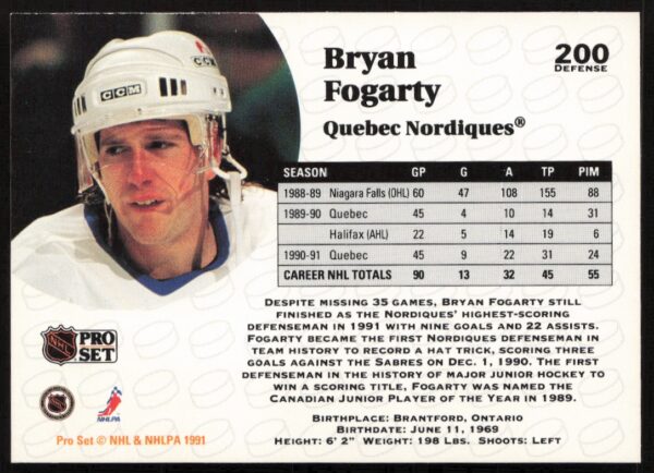 1991-92 Pro Set NHL Bryan Fogarty #200 (Back)