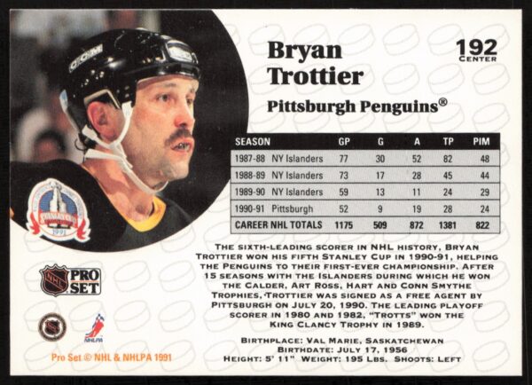 1991-92 Pro Set NHL Bryan Trottier #192 (Back)