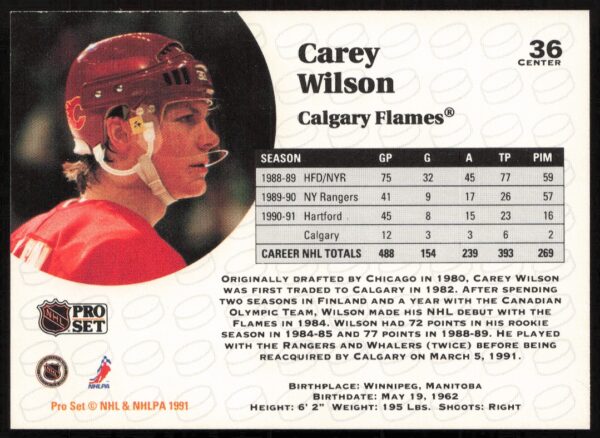 1991-92 Pro Set NHL Carey Wilson #36 (Back)