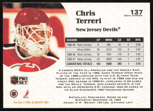 1991-92 Pro Set NHL Chris Terreri #137 (Back)