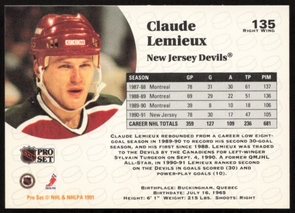 1991-92 Pro Set NHL Claude Lemieux #135 (Back)