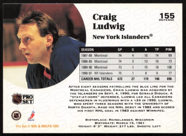 1991-92 Pro Set NHL Craig Ludwig #155 (Back)