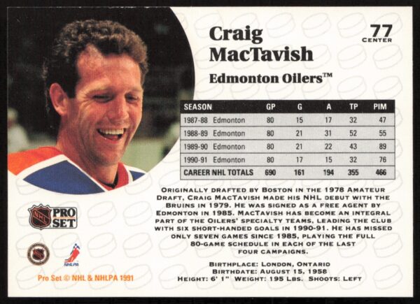 1991-92 Pro Set NHL Craig MacTavish #77 (Back)