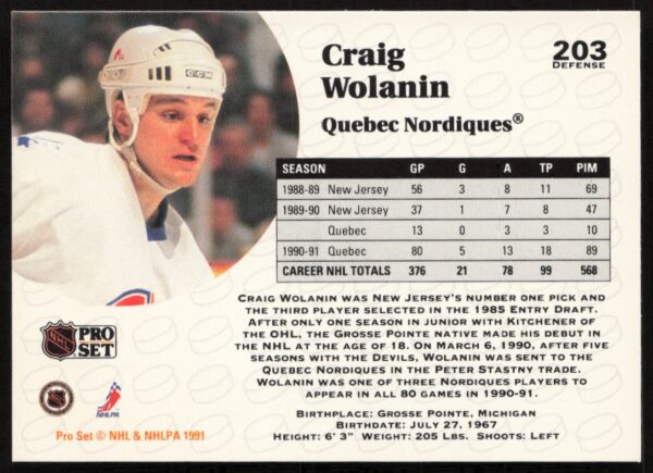 1991-92 Pro Set NHL Craig Wolanin #203 (Back)