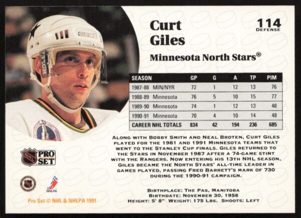 1991-92 Pro Set NHL Curt Giles #114 (Back)