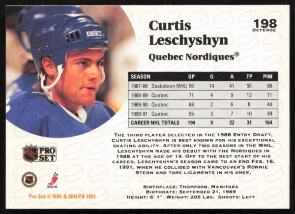 1991-92 Pro Set NHL Curtis Leschyshyn #198 (Back)