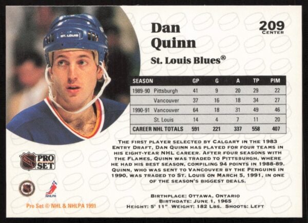 1991-92 Pro Set NHL Dan Quinn #209 (Back)