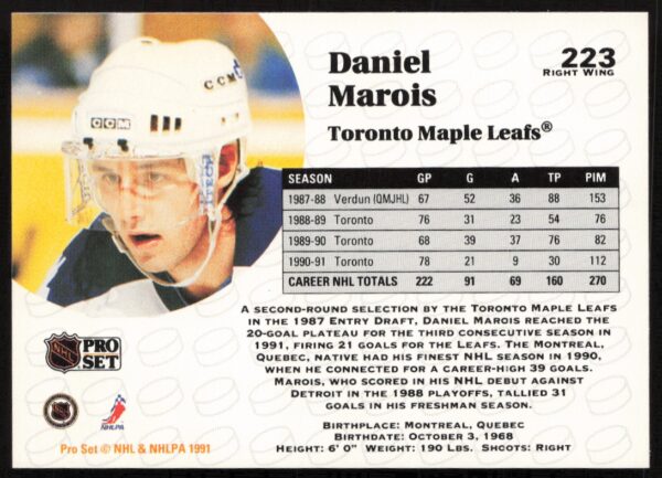 1991-92 Pro Set NHL Daniel Marois #223 (Back)