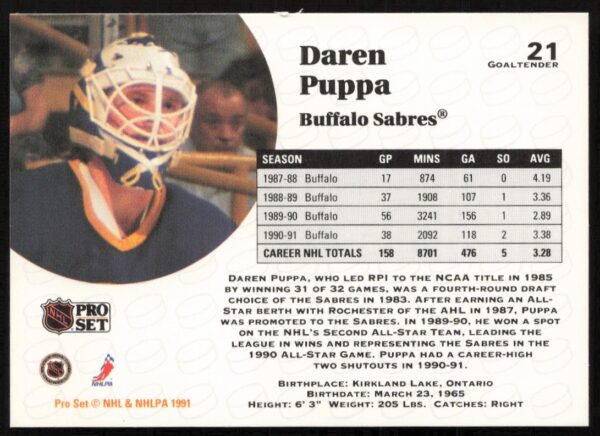 1991-92 Pro Set NHL Daren Puppa #21 (Back)