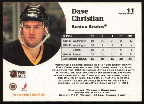 1991-92 Pro Set NHL Dave Christian #11 (Back)