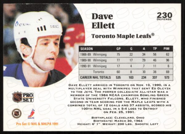 1991-92 Pro Set NHL Dave Ellett #230 (Back)