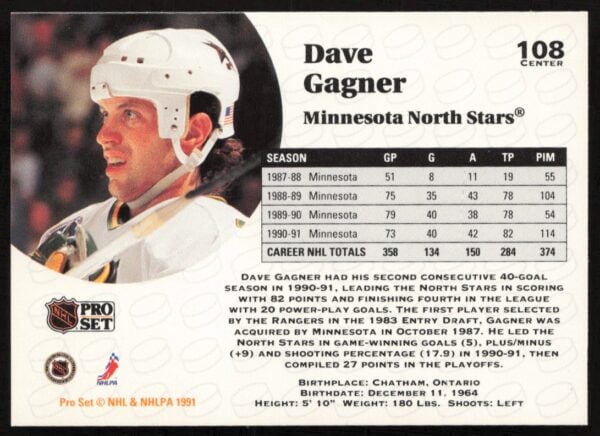 1991-92 Pro Set NHL Dave Gagner #108 (Back)
