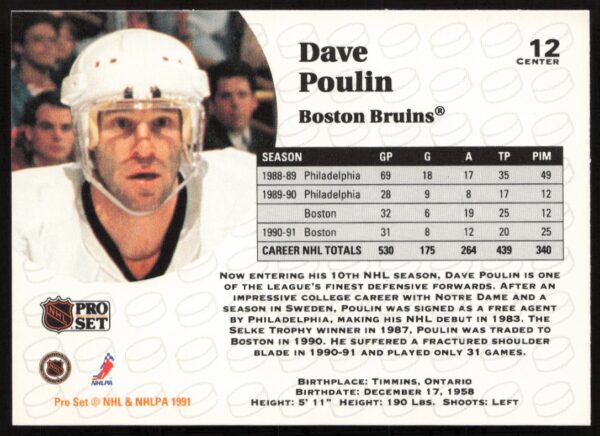 1991-92 Pro Set NHL Dave Poulin #12 (Back)